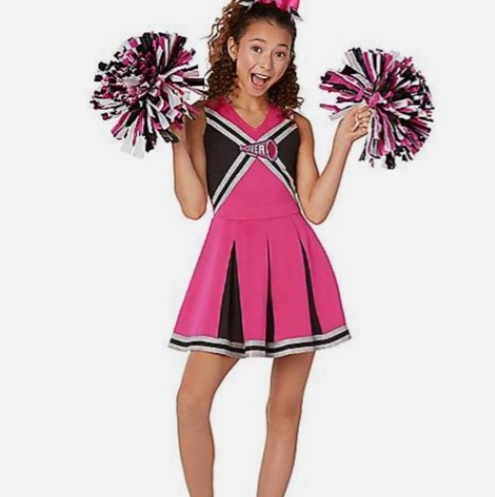 Spirit Girls Cheerleader Dress Pink/Blk/Silver w/Pom Poms Glitter Small